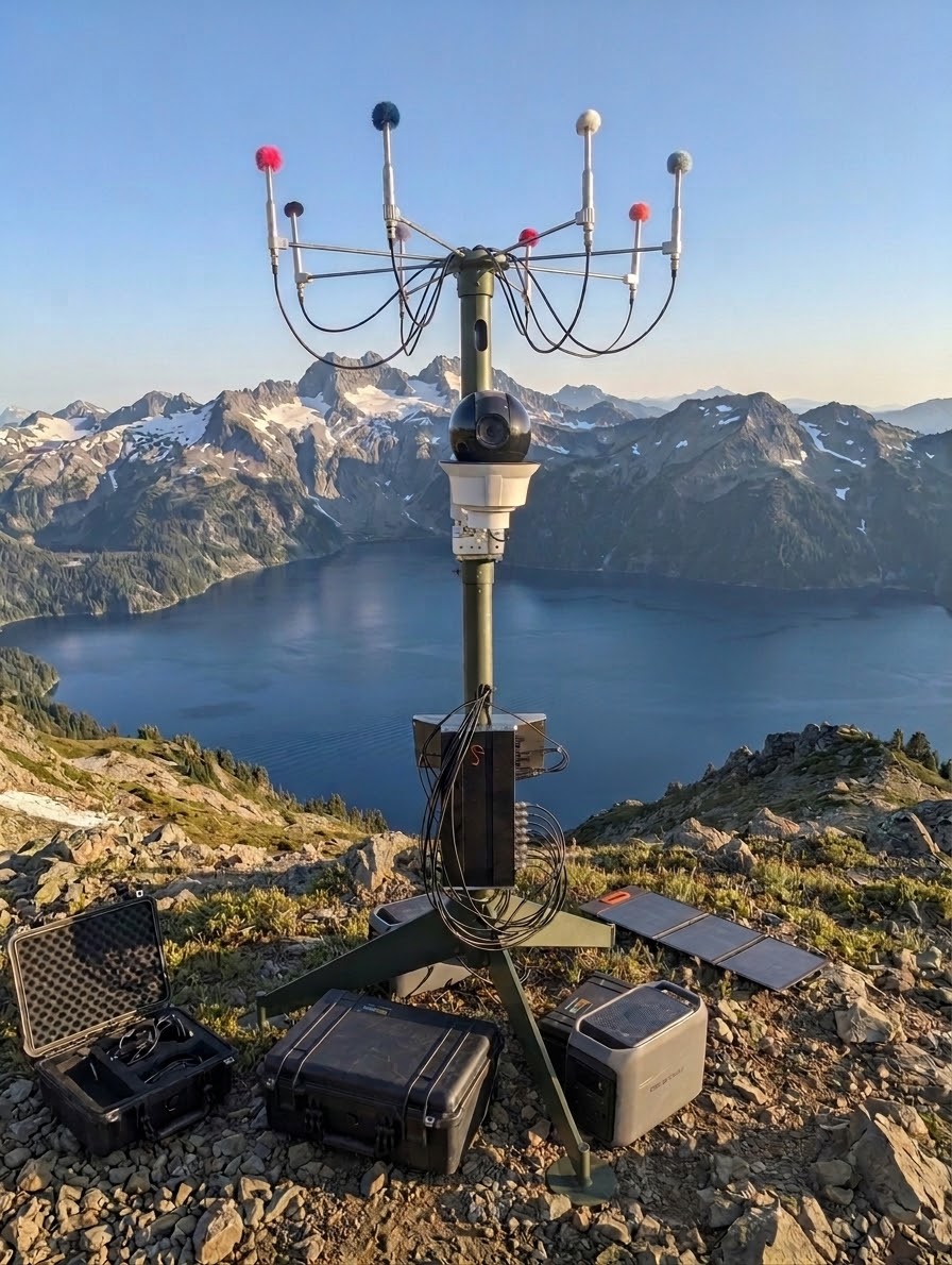 Northlight sensor node with a microphone array, camera, equipment cases and solar panels in a mountain setting